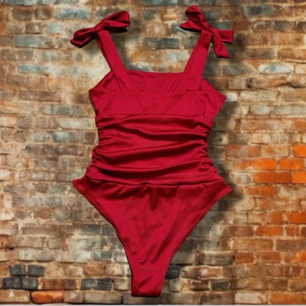 Red One-Piece Swimsuit with Bow Straps